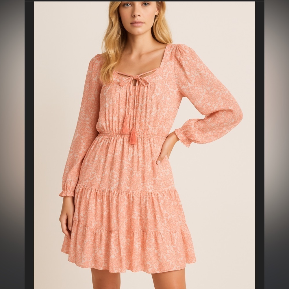 LoveColette tiered long sleeve Boho print lace up tassel party event dress $98